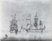 Francis Swaine A drawing of a small British Sixth-rate warship in two positions painting